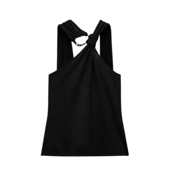 Zara Knotted Halter Top With Gold Hardware in Black - Picture 1 of 5